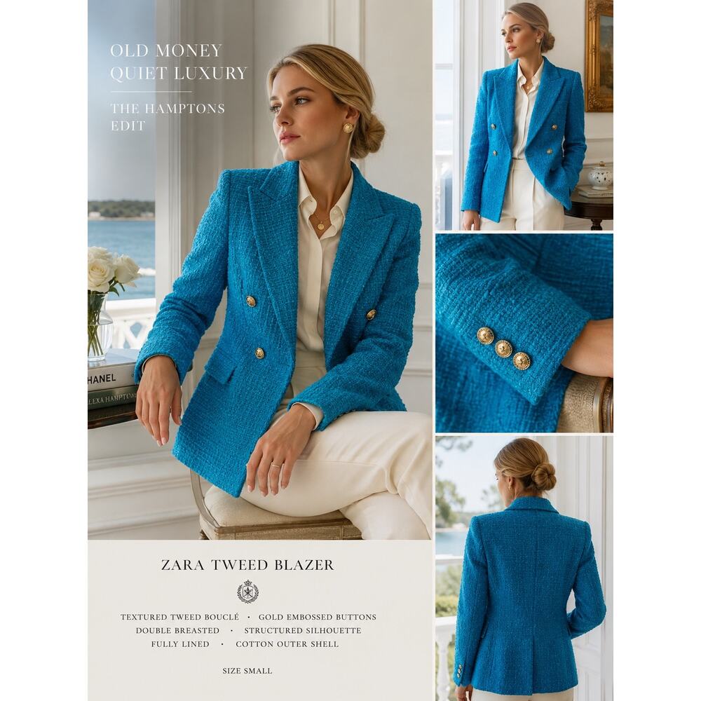 Zara Blue Tweed Power Blazer S Gold Button Quiet Luxury Old Money Mob Wife